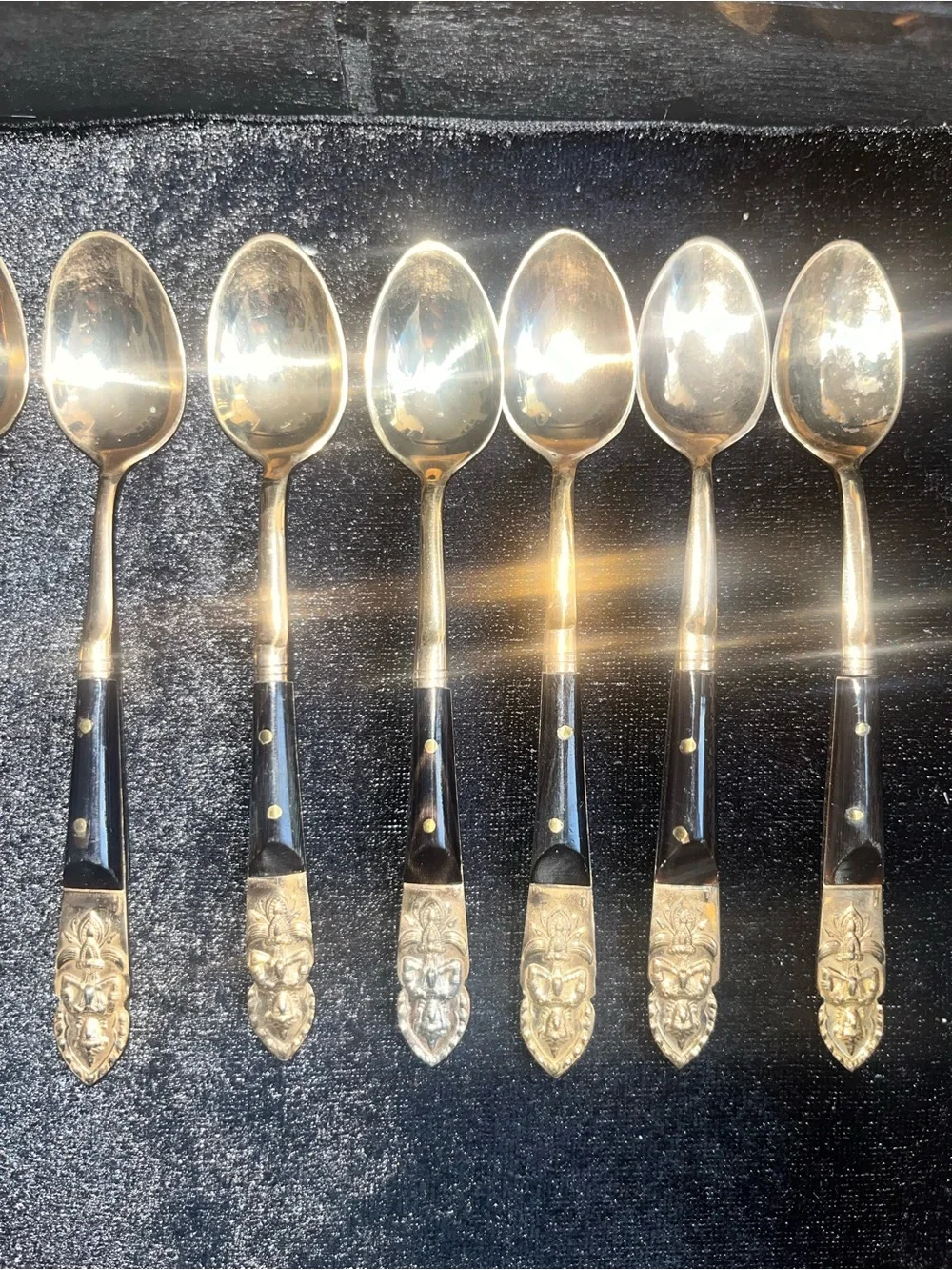 Set of 12 Vintage Thai Buddha Brass Horn Teaspoon Set Gold and Black Demitasse